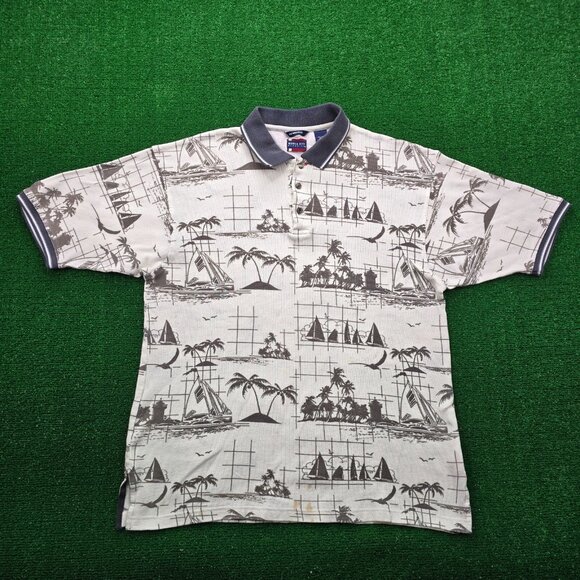 Bugle Boy Polo Shirt Mens Large Vintage‎ Y2K Palm Trees Sailboats Beach AOP - Picture 1 of 9
